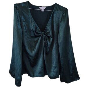 🌸Belle Sky Forest Green V Neck Long Sleeve Blouse